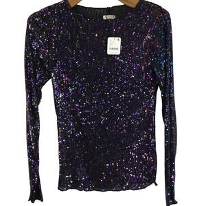 Free People Womens Gold Rush Sequin Long Sleeve Party Top Black Combo Small NWT